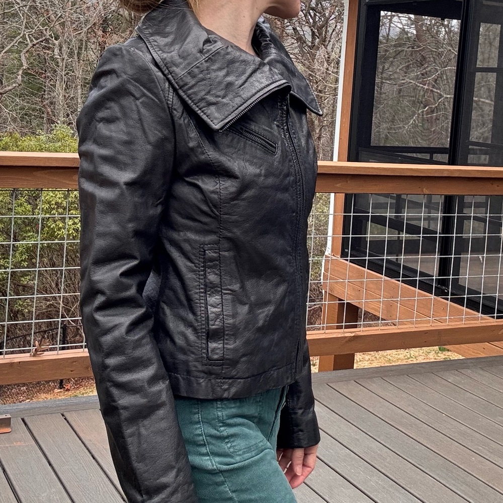 Vintage 2000s Kenneth Cole NY Black Leather Moto Jacket XS Y2K Slim Fit